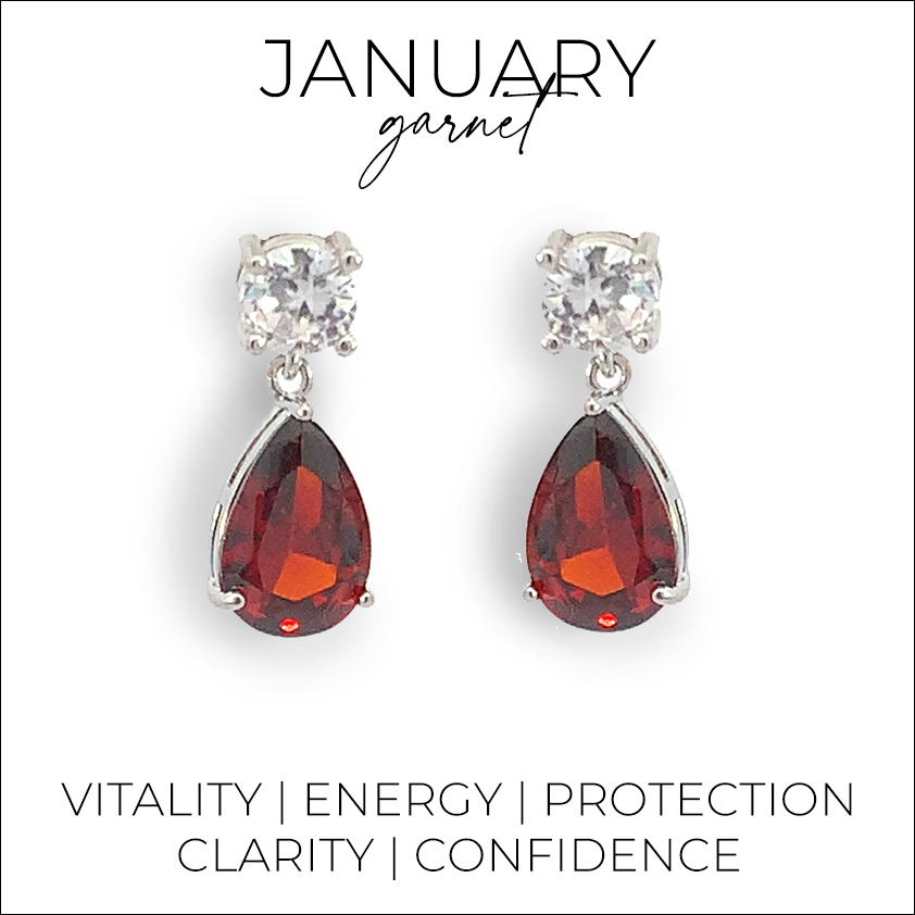 January birthstone pear drop earrings