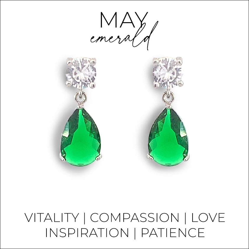 May birthstone pear drop earrings