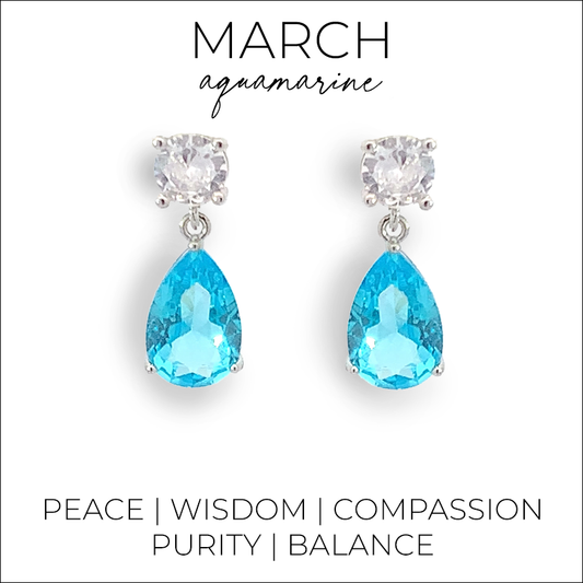March birthstone pear drop earrings
